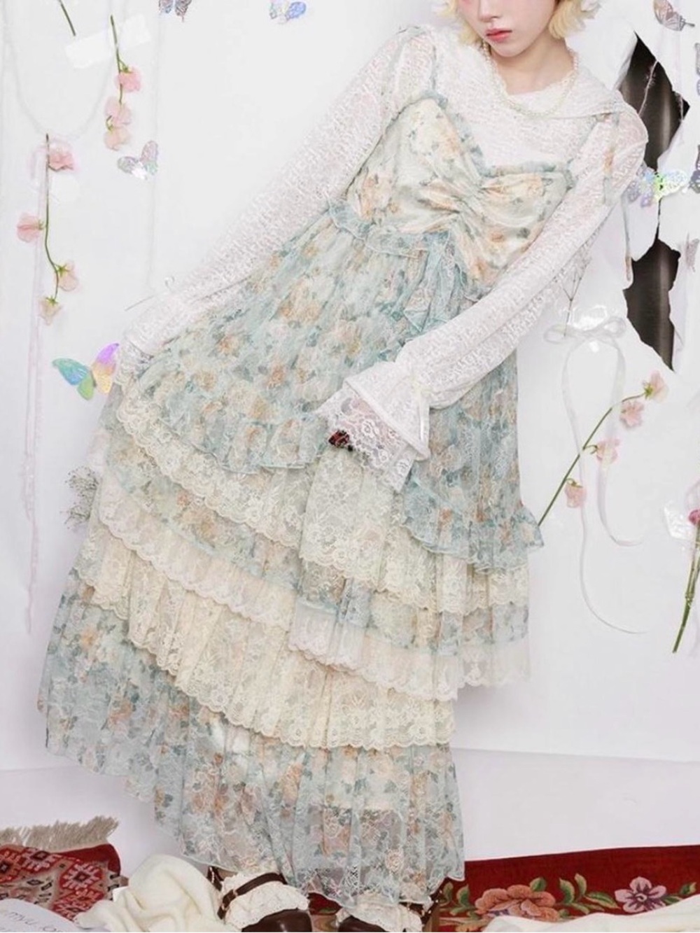 Axes Femme Blue Floral Lace Tiered Dress